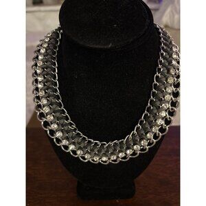 Chunky Silver Chain Necklace With Rhinestone & Black Suede Detailing